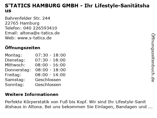 S'TATICS HAMBURG GMBH - Ihr Lifestyle-Sanitätshaus in Hamburg: Adresse und Öffnungszeiten