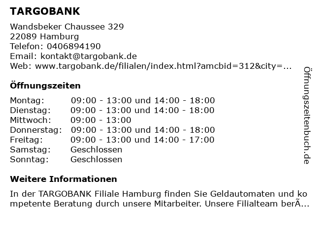 ᐅ Öffnungszeiten „TARGOBANK“ | Wandsbeker Chaussee 329 in Hamburg
