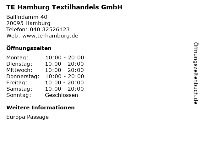 TE Hamburg Textilhandels GmbH in Hamburg: Adresse und Öffnungszeiten