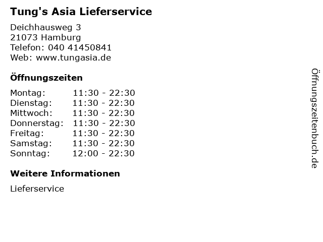 Tung's Asia Lieferservice in Hamburg: Adresse und Öffnungszeiten