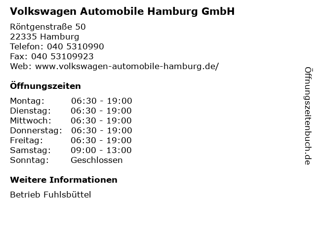 Volkswagen Automobile Hamburg GmbH in Hamburg: Adresse und Öffnungszeiten