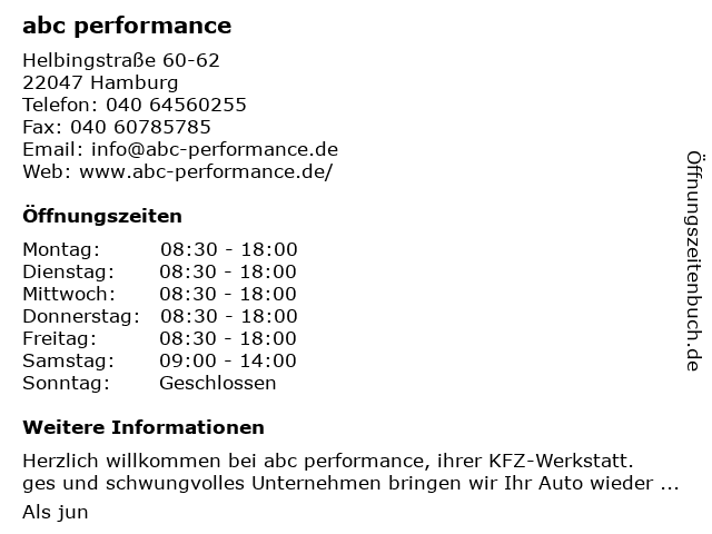 abc performance in Hamburg: Adresse und Öffnungszeiten