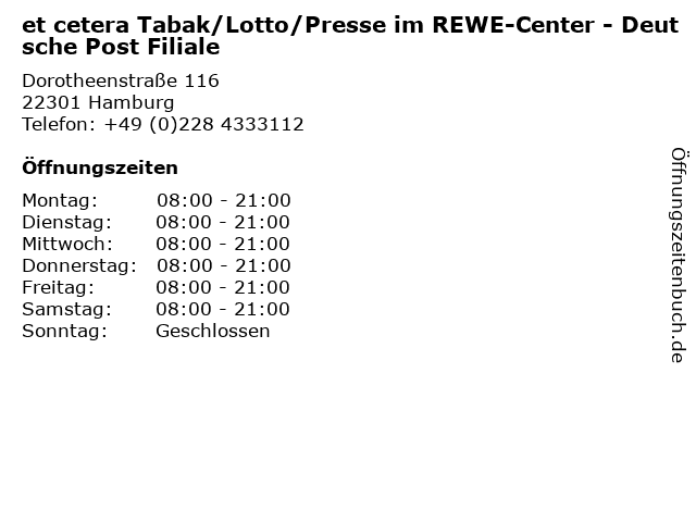 et cetera Tabak/Lotto/Presse im REWE-Center - Deutsche Post Filiale in Hamburg: Adresse und Öffnungszeiten