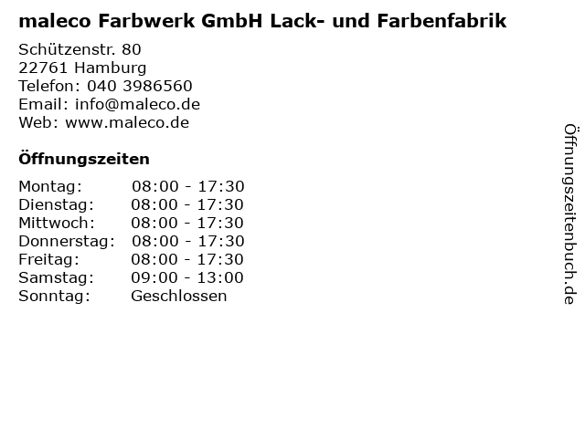 maleco Farbwerk GmbH Lack- und Farbenfabrik in Hamburg: Adresse und Öffnungszeiten
