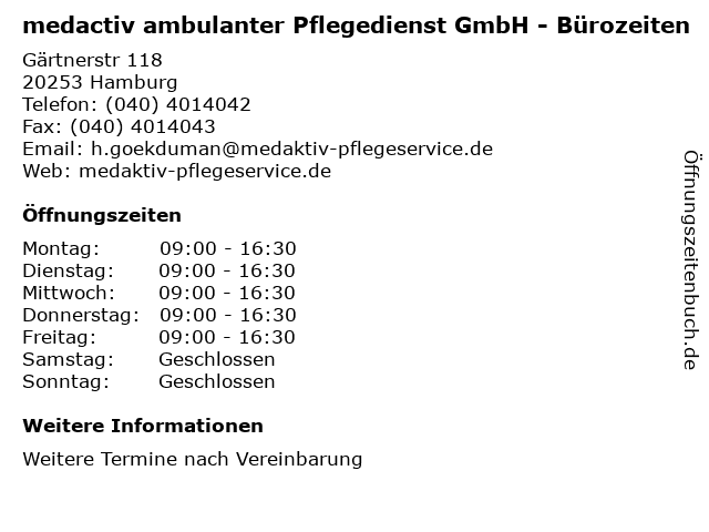 medactiv ambulanter Pflegedienst GmbH - Bürozeiten in Hamburg: Adresse und Öffnungszeiten