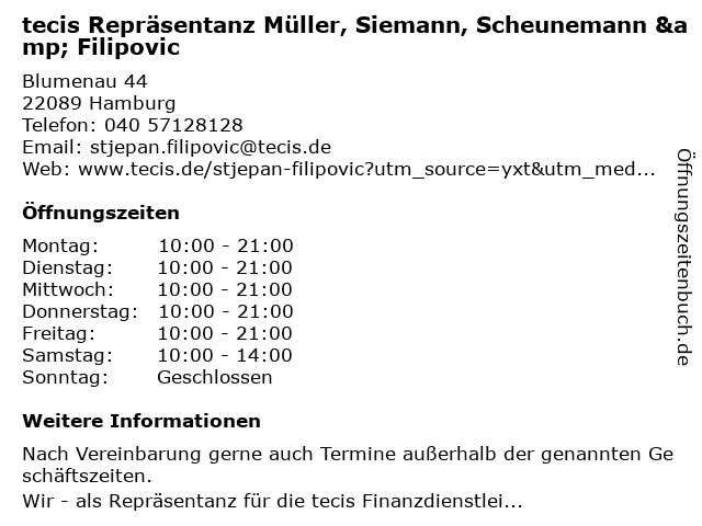 tecis Repräsentanz Müller, Siemann, Scheunemann & Filipovic in Hamburg: Adresse und Öffnungszeiten