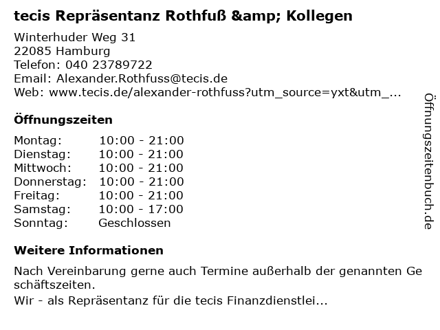 tecis Repräsentanz Rothfuß & Kollegen in Hamburg: Adresse und Öffnungszeiten