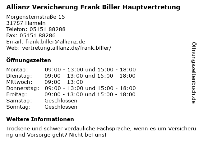 Allianz Versicherung Frank Biller Hauptvertretung in Hameln: Adresse und Öffnungszeiten