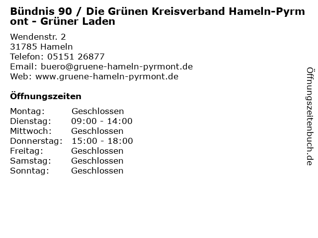 Bündnis 90 / Die Grünen Kreisverband Hameln-Pyrmont - Grüner Laden in Hameln: Adresse und Öffnungszeiten