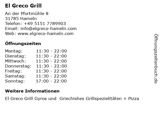 El Greco Grill in Hameln: Adresse und Öffnungszeiten