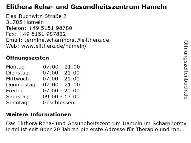 Elithera Reha- und Gesundheitszentrum Hameln in Hameln: Adresse und Öffnungszeiten