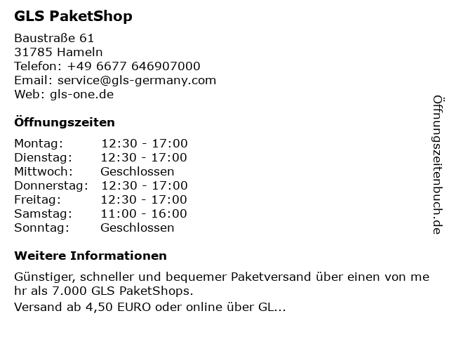 GLS PaketShop in Hameln: Adresse und Öffnungszeiten