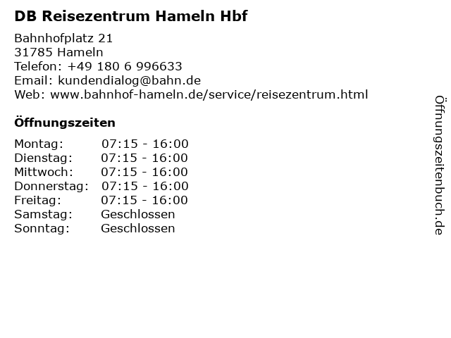 ᐅ Offnungszeiten Reisezentrum Db Hameln Hbf Bahnhofplatz 21 In Hameln