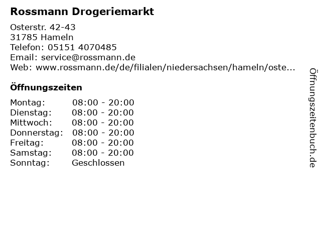 Rossmann Drogeriemarkt in Hameln: Adresse und Öffnungszeiten