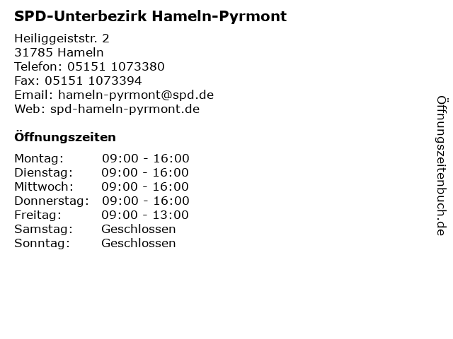 SPD-Unterbezirk Hameln-Pyrmont in Hameln: Adresse und Öffnungszeiten