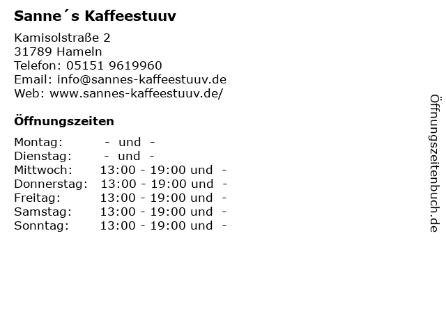 Sanne´s Kaffeestuuv in Hameln: Adresse und Öffnungszeiten