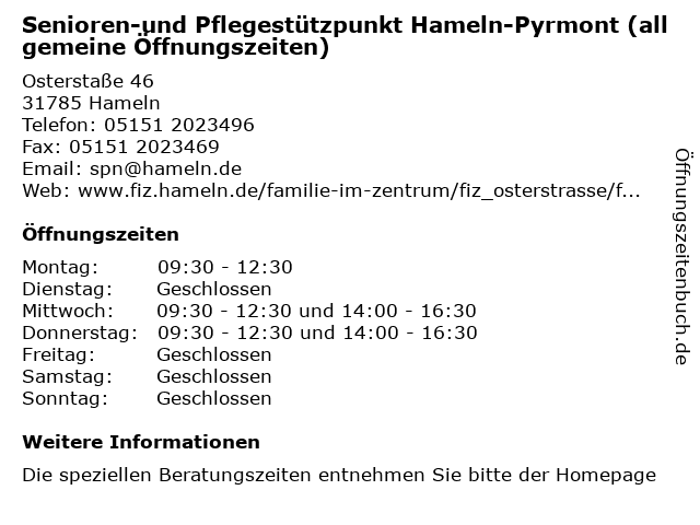 Senioren-und Pflegestützpunkt Hameln-Pyrmont (allgemeine Öffnungszeiten) in Hameln: Adresse und Öffnungszeiten
