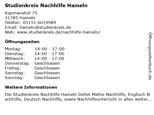 Studienkreis Nachhilfe Hameln in Hameln: Adresse und Öffnungszeiten