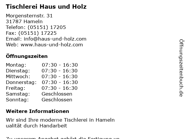 Tischlerei Haus und Holz in Hameln: Adresse und Öffnungszeiten