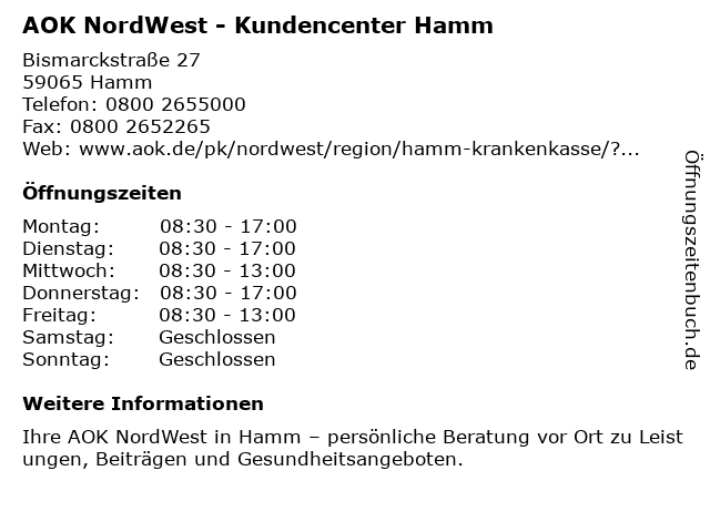 ᐅ Offnungszeiten Aok Nordwest Kundencenter Hamm Bismarckstrasse 27 In Hamm