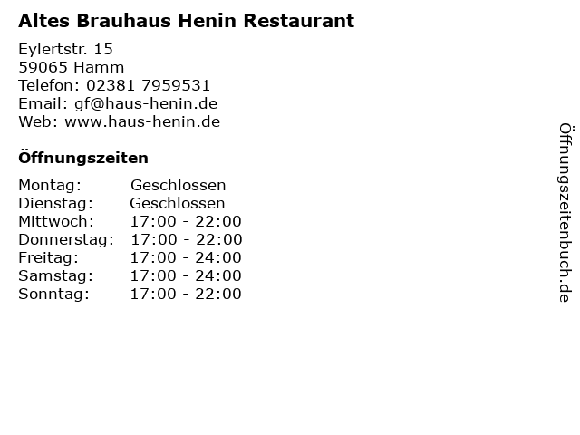 ᐅ Offnungszeiten Altes Brauhaus Henin Eylertstr 15 In Hamm