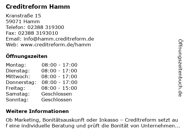 ᐅ Offnungszeiten Creditreform Hamm Samoray Kg Kranstrasse 15 In Hamm