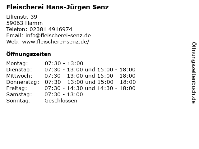 Fleischerei Hans-Jürgen Senz in Hamm: Adresse und Öffnungszeiten