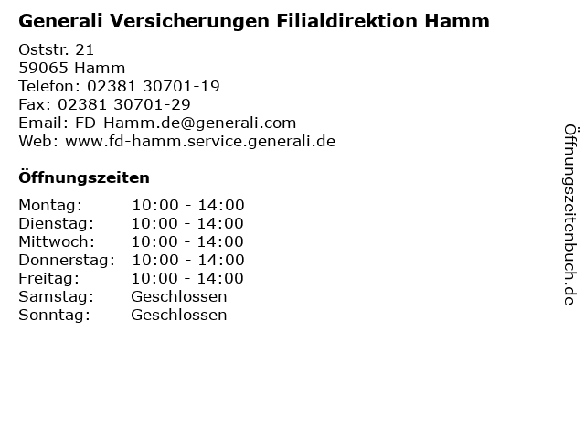 ᐅ Öffnungszeiten „Generali Versicherungen Filialdirektion Hamm“ | Oststr. 21 in