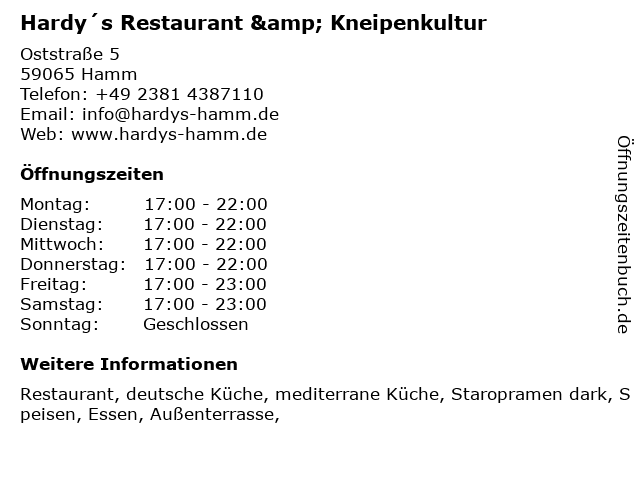 Hardy´s Restaurant & Kneipenkultur in Hamm: Adresse und Öffnungszeiten