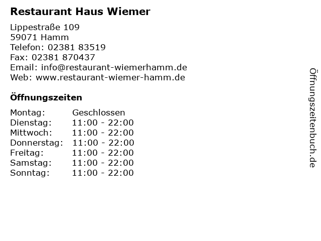 ᐅ Offnungszeiten Restaurant Haus Wiemer Lippestrasse 109 In Hamm