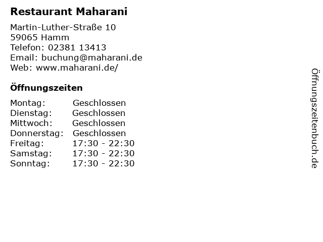 Restaurant Maharani in Hamm: Adresse und Öffnungszeiten