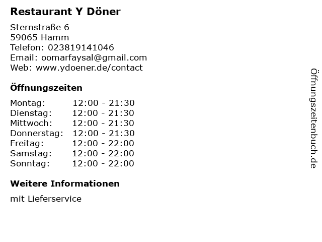 Restaurant Y Döner in Hamm: Adresse und Öffnungszeiten