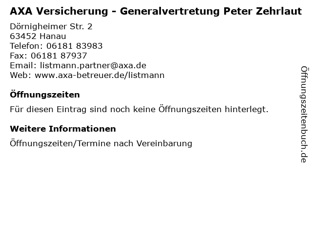 AXA Versicherung - Generalvertretung Peter Zehrlaut in Hanau: Adresse und Öffnungszeiten
