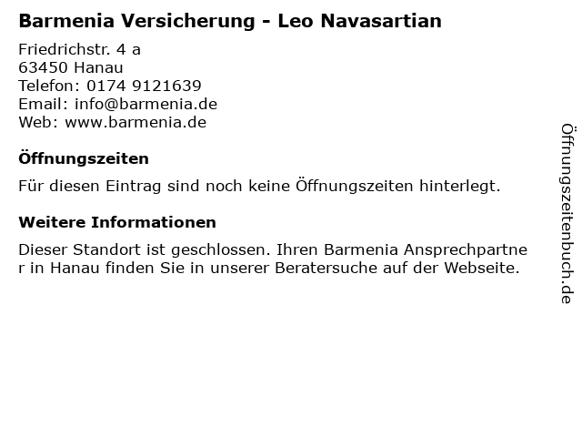 Barmenia Versicherung - Leo Navasartian in Hanau: Adresse und Öffnungszeiten