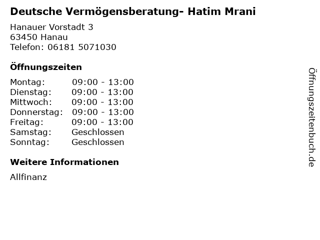Deutsche Vermögensberatung- Hatim Mrani in Hanau: Adresse und Öffnungszeiten