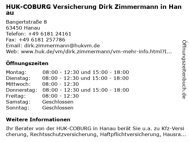 HUK-COBURG Versicherung Dirk Zimmermann in Hanau in Hanau: Adresse und Öffnungszeiten