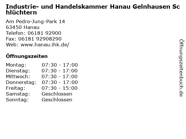 Industrie- und Handelskammer Hanau Gelnhausen Schlüchtern in Hanau: Adresse und Öffnungszeiten