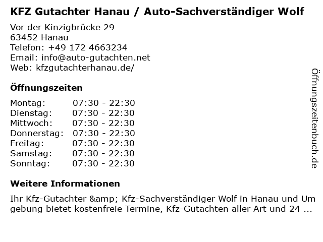 KFZ Gutachter Hanau / Auto-Sachverständiger Wolf in Hanau: Adresse und Öffnungszeiten