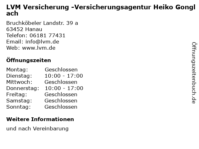 LVM Versicherung -Versicherungsagentur Heiko Gonglach in Hanau: Adresse und Öffnungszeiten