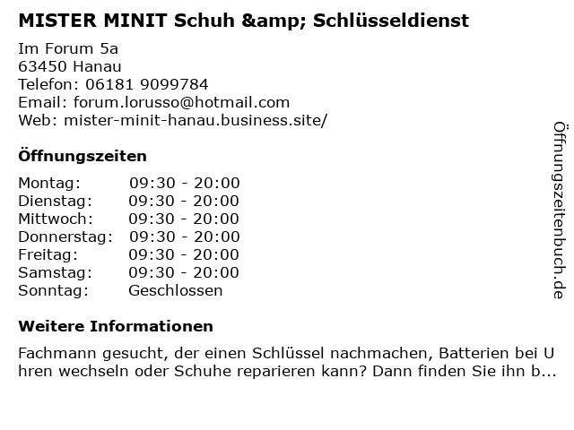 MISTER MINIT Schuh & Schlüsseldienst in Hanau: Adresse und Öffnungszeiten