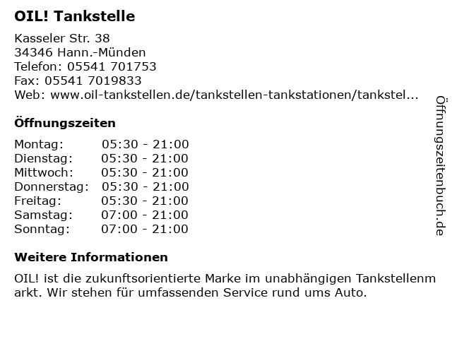 OIL! Tankstelle in Hann.-Münden: Adresse und Öffnungszeiten