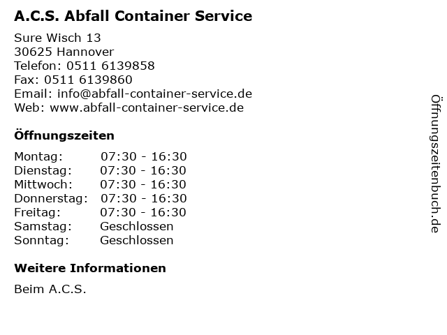 A.C.S. Abfall Container Service in Hannover: Adresse und Öffnungszeiten