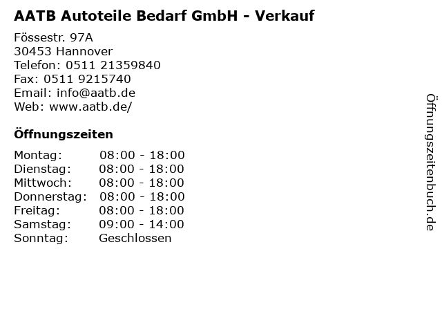 ᐅ Öffnungszeiten „AATB Autoteile Bedarf GmbH - Verkauf“