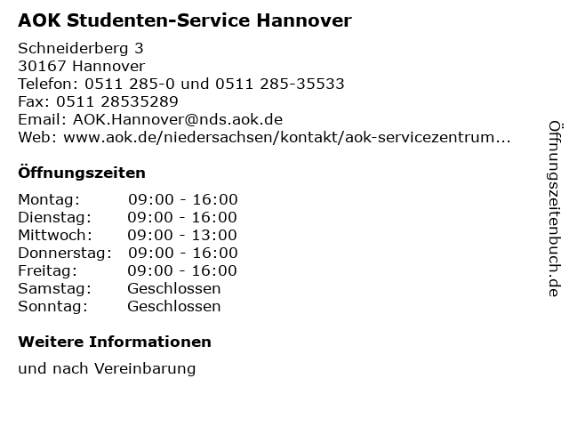 AOK Studenten-Service Hannover in Hannover: Adresse und Öffnungszeiten