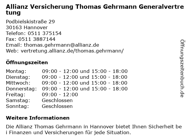 Allianz Versicherung Thomas Gehrmann Generalvertretung in Hannover: Adresse und Öffnungszeiten