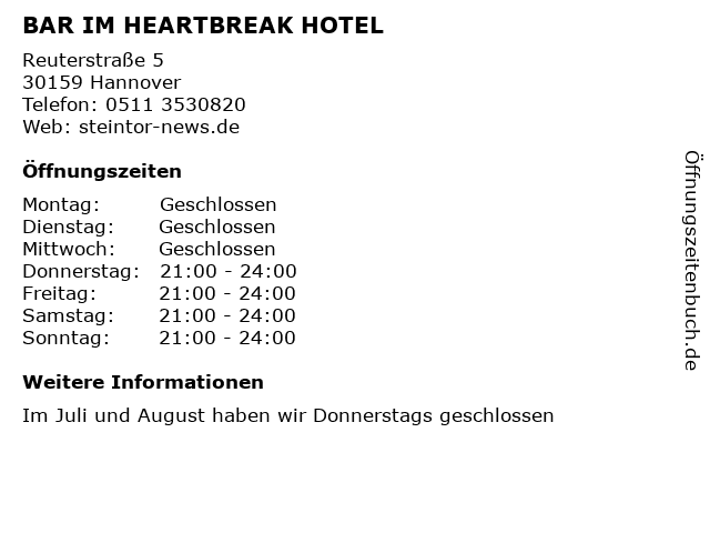 BAR IM HEARTBREAK HOTEL in Hannover: Adresse und Öffnungszeiten