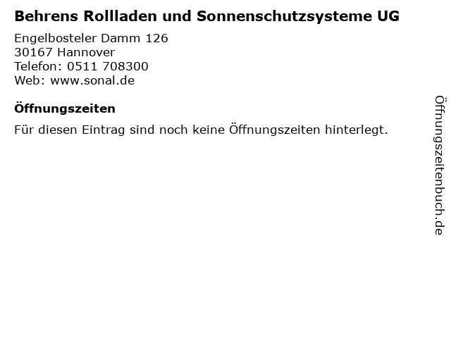 Behrens Rollladen und Sonnenschutzsysteme UG in Hannover: Adresse und Öffnungszeiten