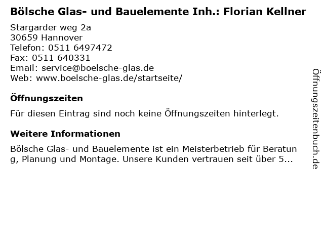 Bölsche Glas- und Bauelemente Inh.: Florian Kellner in Hannover: Adresse und Öffnungszeiten