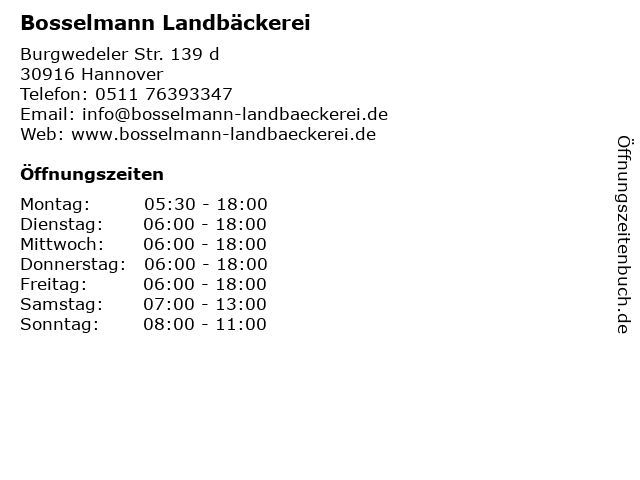 Bosselmann Landbäckerei in Hannover: Adresse und Öffnungszeiten