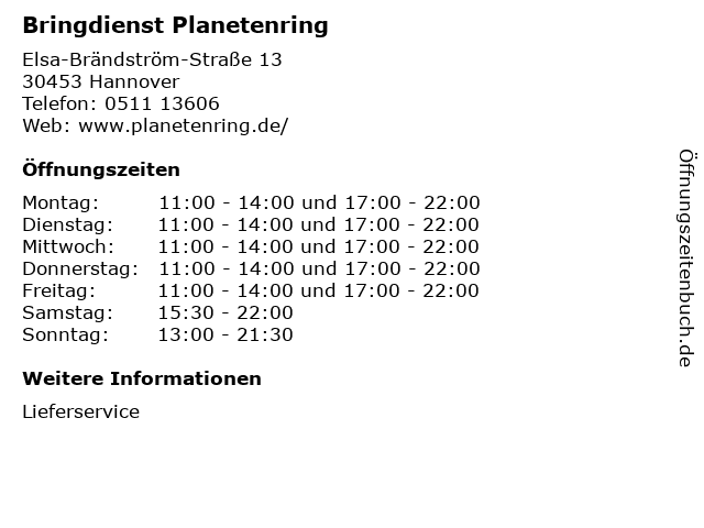 Bringdienst Planetenring in Hannover: Adresse und Öffnungszeiten